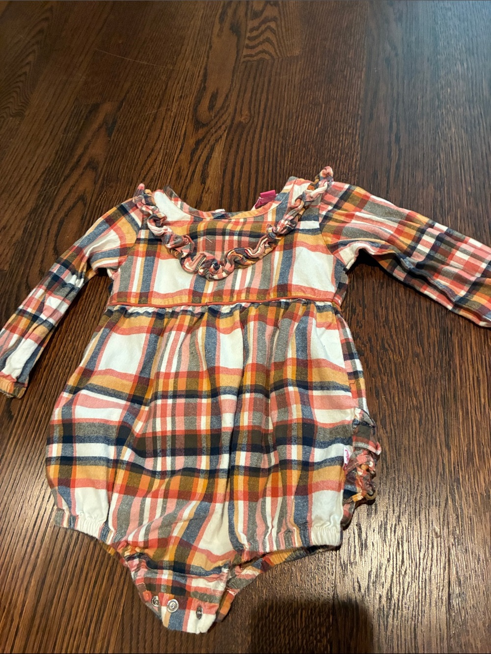 Ruffle Butts Plaid Ruffle-Trim Long Sleeve Romper - Yellow, Orange, Blue
